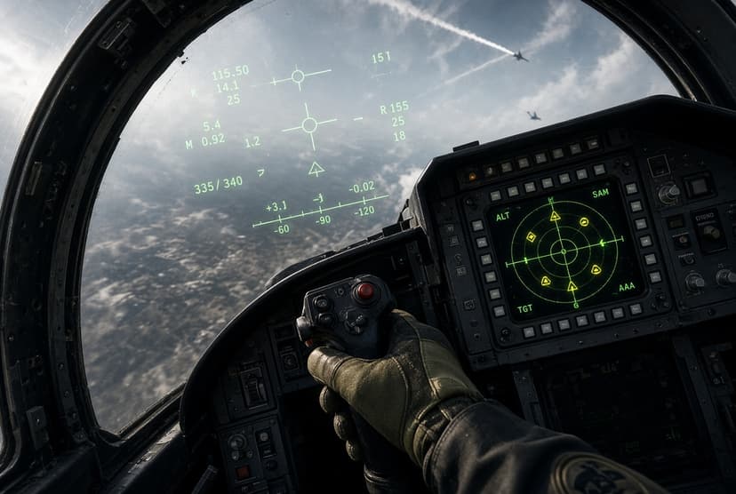 Cockpit-forward view from a fighter jet during a hard crank maneuver