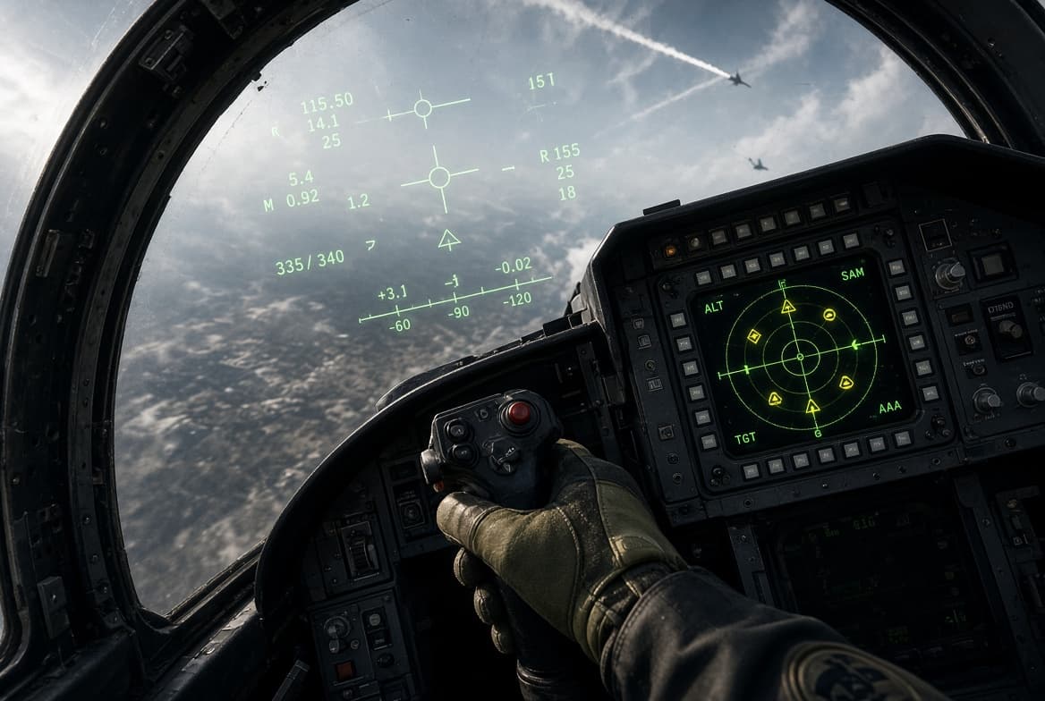 Cockpit-forward view from a fighter jet during a hard crank maneuver