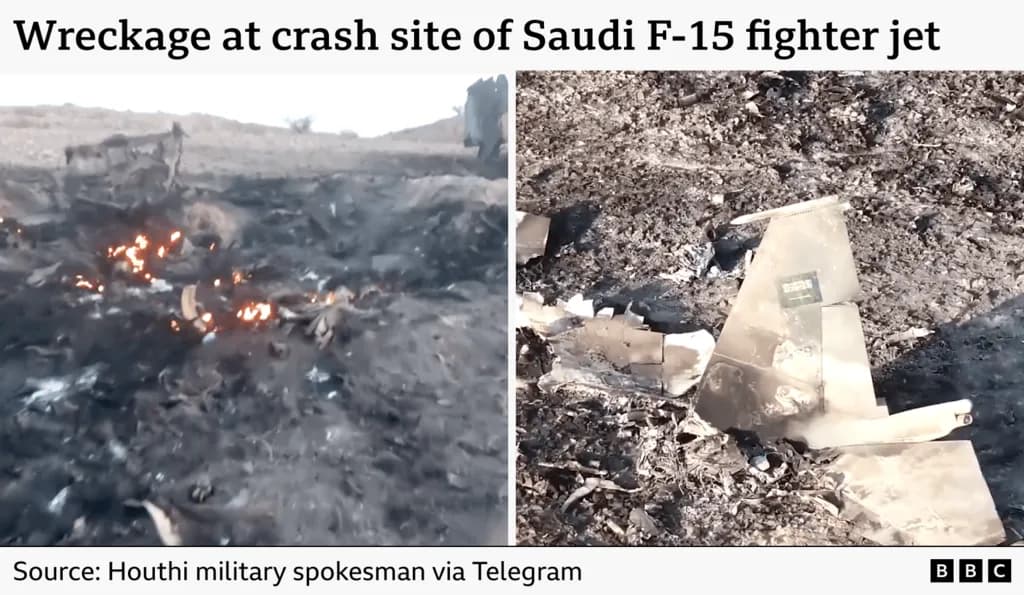 Composite image of two screenshots from the Houthi video,a pile of wreckage and burn marks and some small fires, the second is from a drone video and shows the largely intact tail fin of the aircraft, with the Saudi flag painted on it.