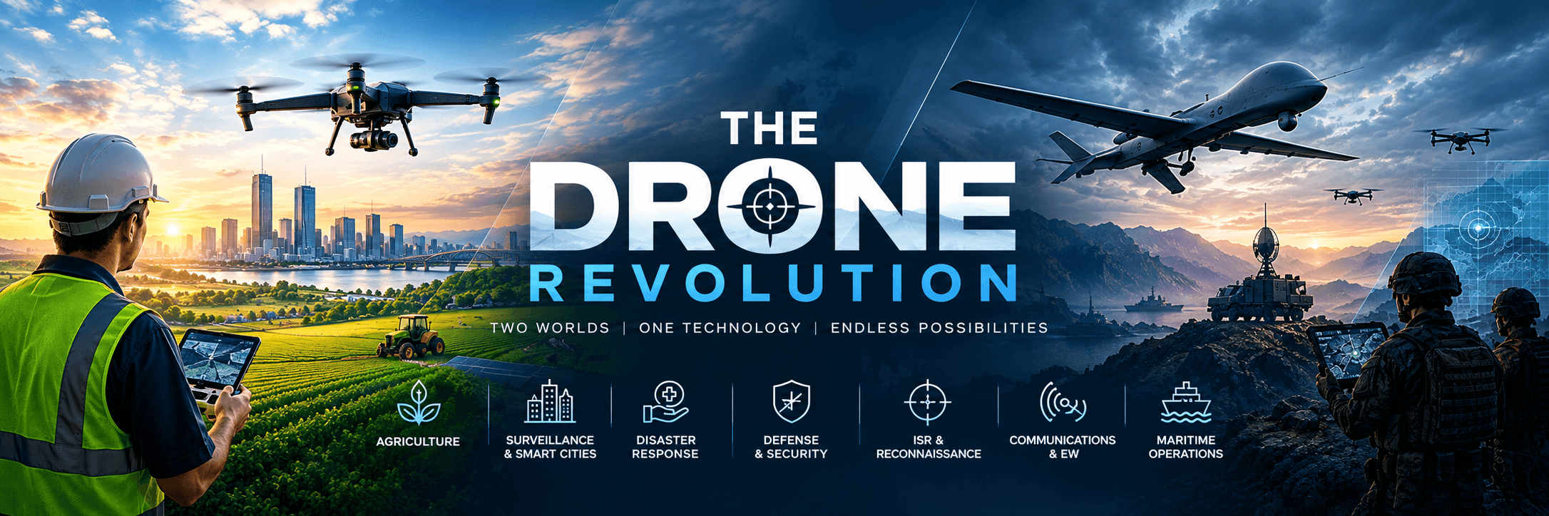 Split composite contrasting civil drone use over farmland and a city with military UAV operations in mountainous terrain