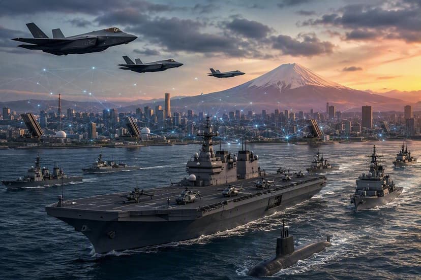 Japanese naval formation led by a helicopter carrier with F-35s overhead and Mount Fuji behind, overlaid with a network graphic